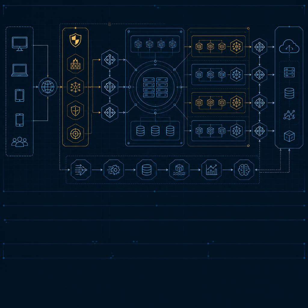 Enterprise network topology blueprint showing connected users, security layers, services and cloud infrastructure