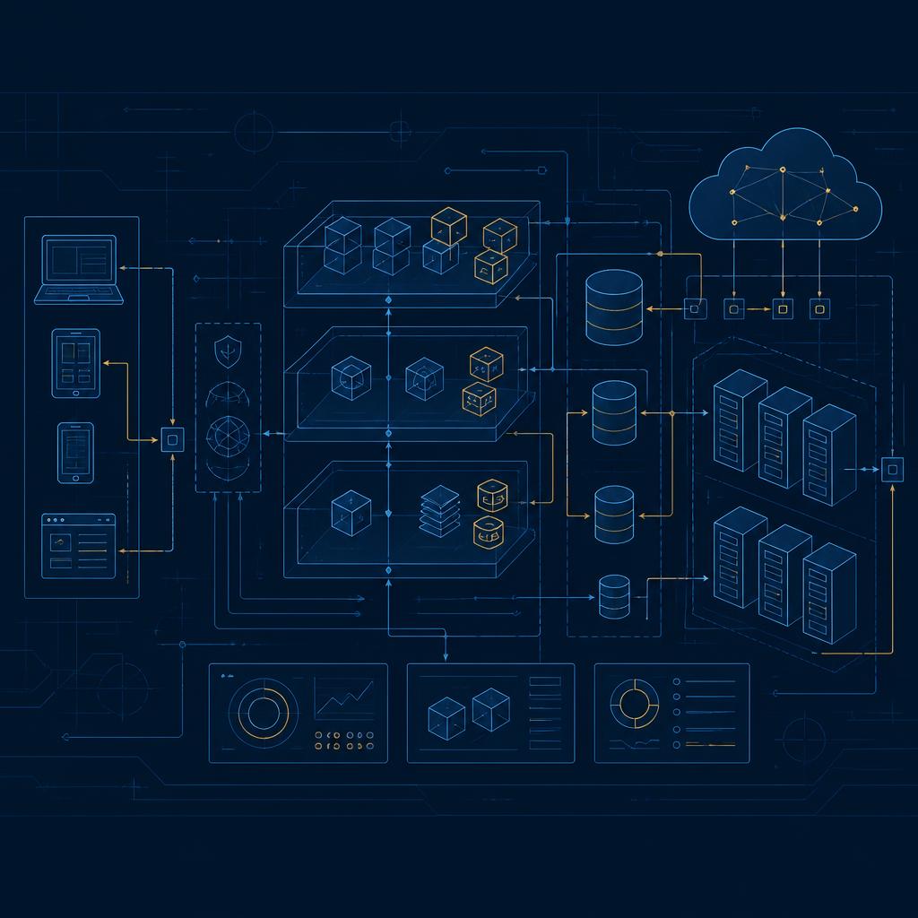 Technical blueprint showing layered applications, databases, cloud services and connected servers
